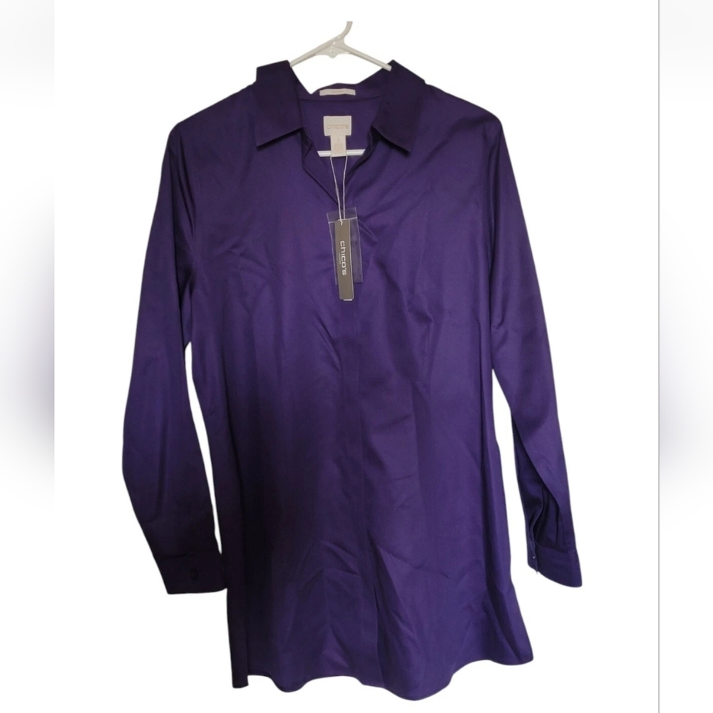 Chico's Size 1 US Medium 8 Women's Tunic Purple Shirt No-Iron Effortless Sateen